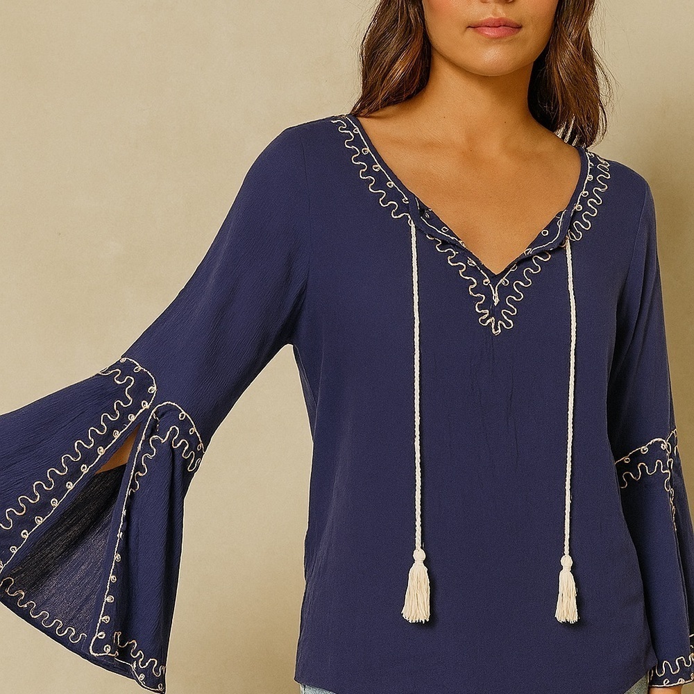 NWT Navy Blue Embroidered Bell Sleeve Top